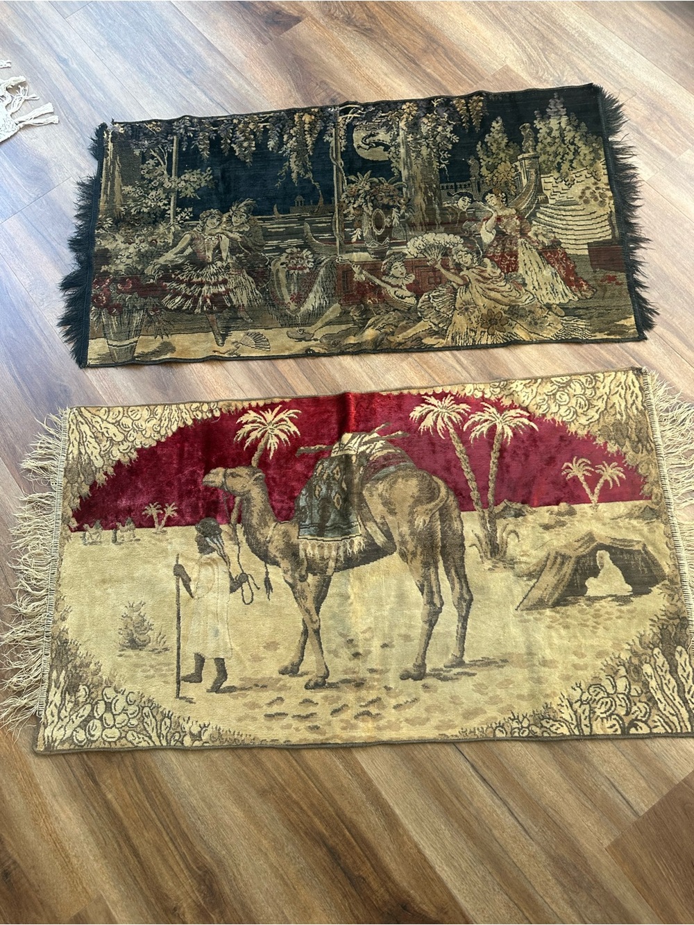 Set of Two antique Vintage-Style Decorative Tapestry Rugs - Camel & Court Scene